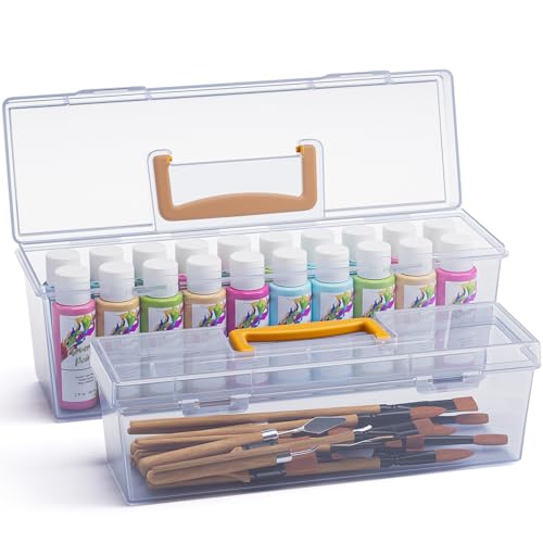 Image of Udefineit 2 Sizes Acrylic Paint Storage Boxes with Yellow Handle, Thickened Craft Organizers for 20 Bottles of 2 fl. oz Apple Barrel Acrylic Paint Storage, Empty Painting Tool Containers