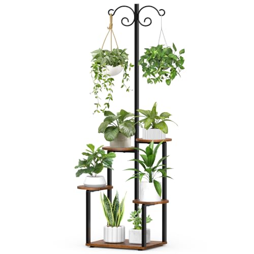 YOCOMEY Plant Stand Indoor with 2 Hanging Hooks, 5 Tiered Corner Plant Shelf Flower Stand for Multiple Plants, Plant Stands Organizer Rack for Living Room Balcony Patio Garden (Black+Brown, Round)