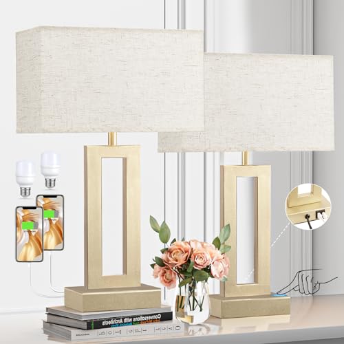 Bedroom Table Lamps Set of 2 - Beige Touch Bedside Lamps with USB C+A, 3 Way Dimmable Gold Lamp for Nightstand, Modern Night Stands Lamps for Living Room End Tables Desk Bed Side