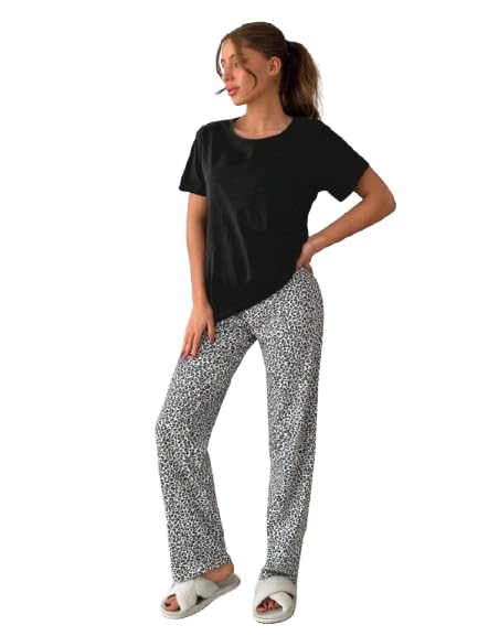 shine n show Women's Nightdress Set, Black Short Sleeve Top with Leopard Print Wide-Leg Trousers, Loungewear Pyjama Set-picture-16