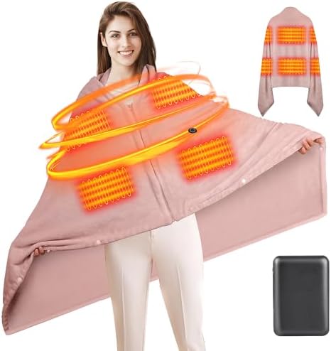 Heated Blanket Battery Operated Cordless Heated Shawl USB Rechargeable Outdoor Portable Electric Blanket Wearable Heating Blanket 3 Heating Levels and 6 Heating Zones Pink