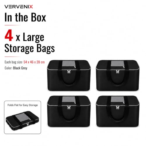 Image of VERVENIX Large Underbed Storage Bags 4 Pack, Moisture Proof Clothes Storage Organizer for Blankets, Comforters, Bedding, Pillows & Seasonal Items, Foldable Zipper Storage Box - Grey Black