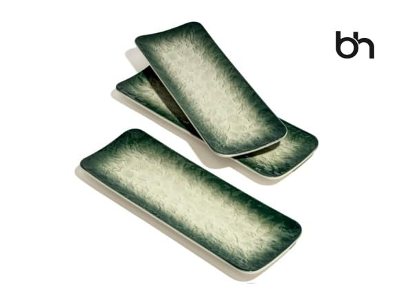 Image of Beyond Homes Ceramic Sushi & Dimsum Tray Set of 3, 12 Inch | Long Rectangular Tray for Serving | Microwave & Dishwasher Safe | Ceramic Serving Platters for Dessert, Snacks and Momos (Green)