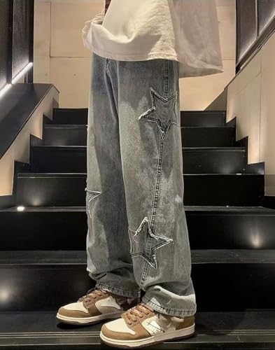 jupkem Men's Y2K Baggy Jeans Star Pattern Wide-Leg Retro Distressed Gothic Denim Pants Casual Fashion Street Style Clothing3