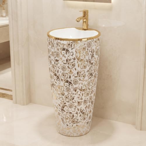Image of InArt Freestanding Pedestal Wash Basin for Bathroom, Luxury Floor Standing Ceramic Basin with Gold Rim and Floral Pattern, 15 x 15 Inch Bowl, 34 Inch Height, White & Gold