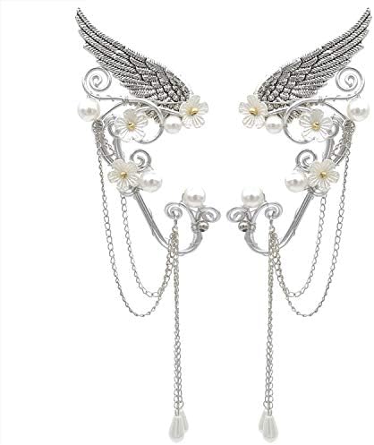 Elf Ear Cuffs, Handmade Clip on Earrings, Pearl Wing Tassel Filigree Elven Earrings for Women, Fantasy Fairy Halloween Costume, Cosplay, Wedding, Handcraft