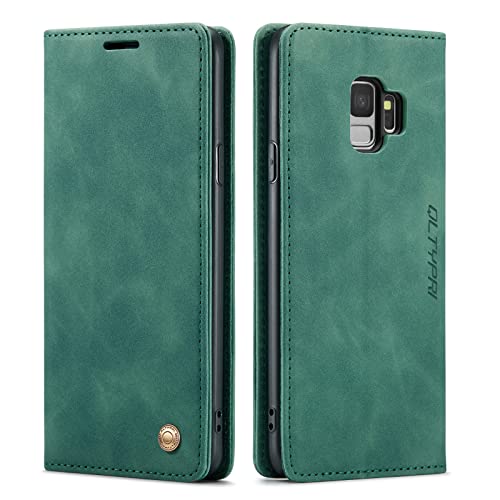 QLTYPRI Case for Samsung Galaxy S9, Vintage PU Leather Wallet Case Card Slot Kickstand Magnetic Closure Shockproof Flip Folio Cover for Samsung Galaxy S9 - Green