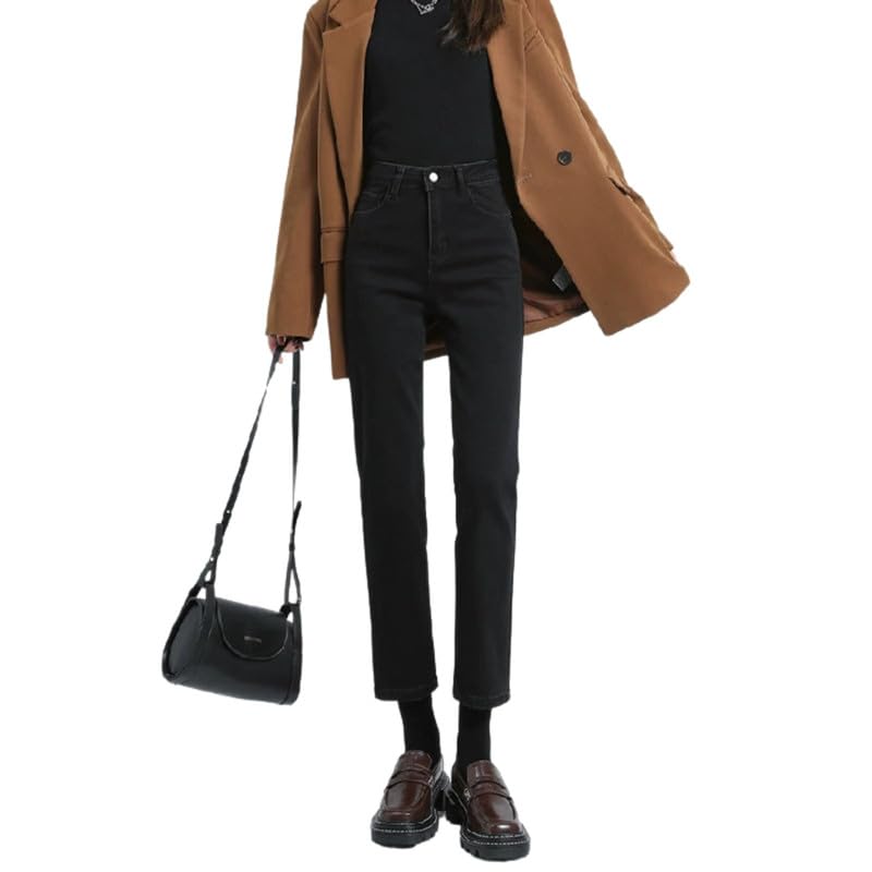 Women's Winter Style Thick Straight Jeans - Elastic Waist Slim Fit Cigarette Pants-image-26