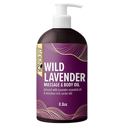 IQ NATURAL Lavender Massage Oil Infused with Real Lavender Essential Oil, Relaxing Blend of Almond & Grapeseed Oils For Massage - For Massage Therapy & Aromatherapy - 8.8 fl oz