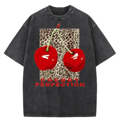 Women's Oversized Graphic Tees Cherry T Shirts Washed Vintage Casual Summer Baggy Cotton Tops Cute Grunge Shirt