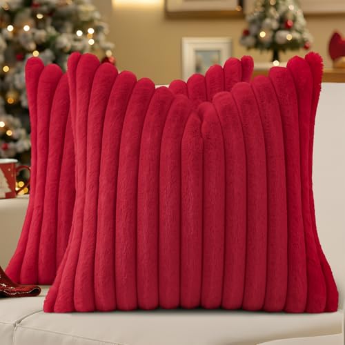 Image of decorUhome Fall Faux Fur Throw Pillow Covers 18x18 Set of 2 Red