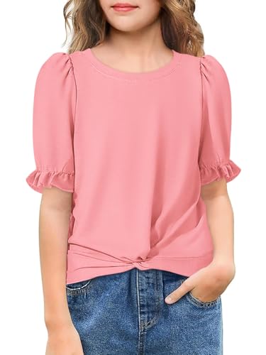 Yousify Girls Shirts Summer Cute Short Sleeve Basic Tops Twist Front Casual Ruffle Plain Round Neck Tee Shirt Tunic2