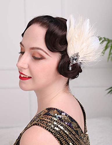 Aimimier 1920s Flapper Feather Hair Clip Ivory Great Gatsby Headpiece Prom Party Roaring 20s Accessories for Women and Girls