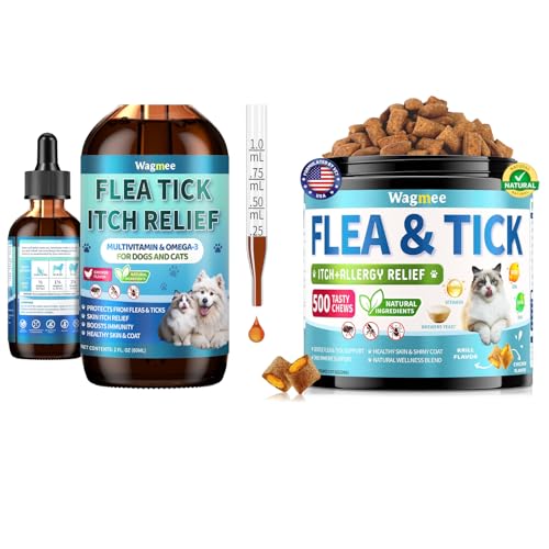 Natural Cat Flea Treatment Chewables & Flea and Tick Prevention for Dog and Cat, Supports Healthy Skin & Coat - Oral Supplement for All Breeds & Ages - Chicken