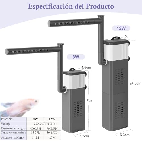 FEDOUR 12W 700LPH Filtro de Acuario Ultrapotente para Pecera de 50-150L, Filtro de Pecera Ajustable 3 en 1 con Esponja Bioquímica, Filtros para Acuario Sumergibles Internos para Tortuga/Gamba/Cría - imagen 2