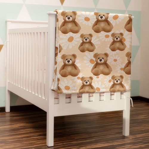 Image of Cute Bear Daisy Flowers Baby Blanket for Boys Girls Baby Animal Flannel Soft Receiving Blankets Swaddle Blanket Kids Toddler Nursery Bed Blankets Stroller Crib Cover Daycare Playmat 40x50