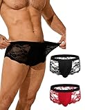 ohyeahlady 2pc Sissy Dessous Männer Sexy Boxershorts Spitze Erotische Unterwäsche Herren Reizwäsche Große Größen Unterhosen Ouvert Slip Mesh Underwear mit Bulge Transparent Briefs Schwarz+Rot XL