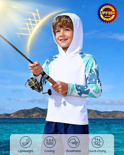 Image of Boys Rash Guard Swim Hoodie, Kids Long Sleeve Sun Fishing Shirts