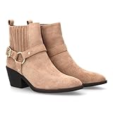 shoes&blues.es 96603 Botin de Mujer Estilo Cowboy con Tira Decorativa con Hebilla y aro metalico Lateral. Tacon Cuadrado Ideal Temporada Otono Invierno. Taupe Talla 40
