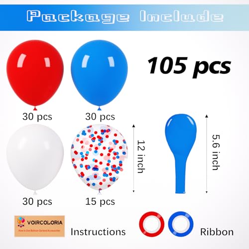 Image of Voircoloria 105pcs Red White Blue Balloons 12inch Party Latex Balloons for 4th of July Independence Day Graduation Anniversary Party Decorations
