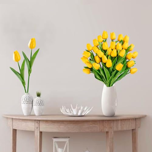 Image of Sggvecsy 30 Pcs Fake Tulips Artificial Flowers Real Touch PU Faux Flowers Tulip Stems for Wedding Spring Bouquet Floral Arrangement Home Party Office Decorations for Mother's Day (Dark Yellow)