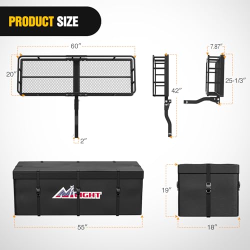 Image of Nilight 60 inch x 20 inchx 7.87 inch Folding Carrier Fits 2-Inch Receiver 500 Lbs Capacity Bag Net Ratchet Straps Lock Stabilizer for SUV Pickup RV Van