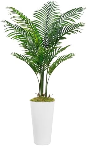 Artificial Palm Tree with White Tall Planter 5ft Tall - Faux Plants Indoor 12 Realistic Branches - Fake Tropical Floor Plants Pots Areca Palm for Home Office Decor (White Pot-2 Pack, 5ft) (1)