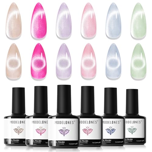 Modelones Cat Eye Gel Nail Polish, 6 Colors Glitter Summer Pink Blue Green Blue Gel Polish Set with Magnet Sparkle Translucent Nail Polish Kit Soak Off Led Nail Art Manicure Salon DIY Gifts