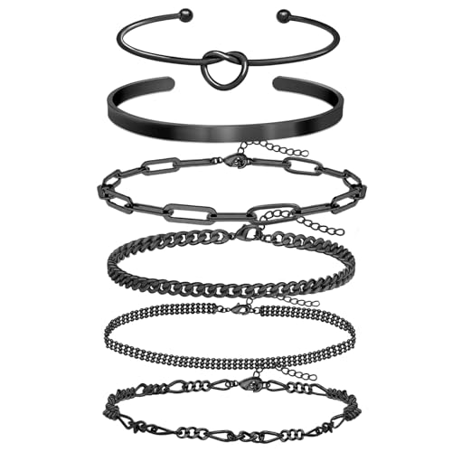 14K Real Gold Plated Cuff Bracelet Bangle Jewelry Set Stackable Trendy Dainty Love Heart Knot Infinity Beaded Ball Paperclip Chain Minimalist Bracelet,6 styles