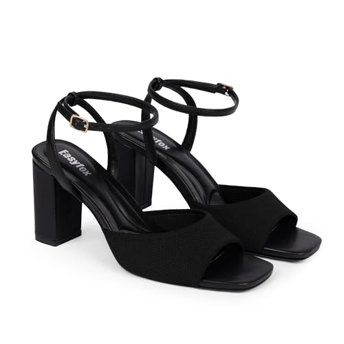 Image of Easyfox Open Toe Chunky Heel Sandals for Women Ankle Strap 3 Inch High Heels Dress Wedding Block Shoes