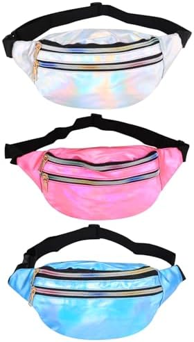 3 Pcs Women's Men's Adjustable Holographic Metal Sports Waist Bag...