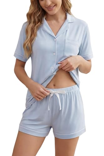 Image of LUBOT Womens Bamboo Viscose Pajamas for Women PJ Set 2 Piece Cooling Soft Short Sleeve Capri Pants Summer Sleepwear Set S-XXL