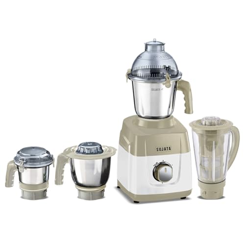 Sujata MG03 Mixer Grinder|1000 Watts Double Ball Bearing Motor|24000 RPM|Non-Stop 90 Mins Running|4 Jars including 1750ml Blender with Coconut Milk Extractor 1500ml 1000ml 500ml Jar|Beige & White
