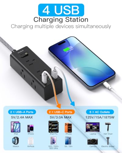 Image of Extension Cord 10Ft, Flat Surge Protector Power Strip 10 Ft Long Cord,Black | One Beat 6 Widely Outlets 4 USB Ports (2 USB C), 10ft Extension Cord Wall Outlet Extender for Home Office College Dorm Room