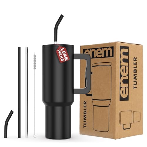 Image of enem Tumbler, Alpha Black, Insulated Premium Vacuum Leak Proof Stainless Steel Travel Mug with Handle, Lid & Straw, 1.2L for Coffee, Iced Tea, or Water
