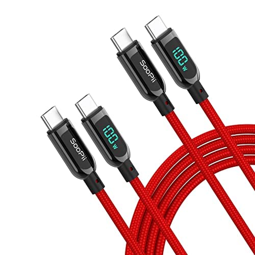 SOOPII 100W USB C to USB C Cable,[10ft,2-Pack],Nylon Braided Fast Charging Cable with LED Display for lPhone 15/15 Pro/15 Plus,lPad Air,MacBook Pro, Galaxy S24/S23(Red)