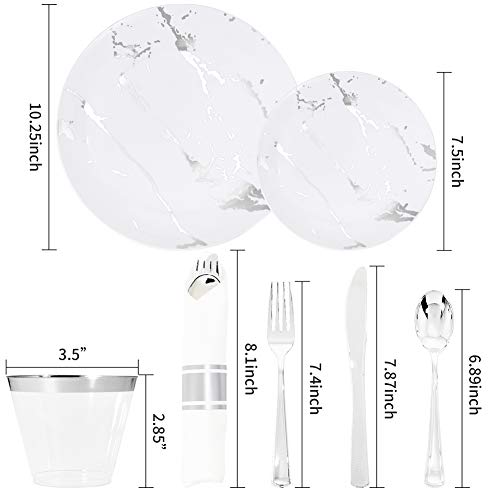 Bucla 210Pcs White And Silver Plastic Plates And Silverware/Silver Cups- Marble Design Disposable Plastic Dinnerware Include 30 Dessert Plates, 30 Dinner Plates, 30 Cups And 30 Silver Plastic Utensils #TOP1