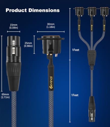 Image of XLR Pass Through Cable Splitter, 3 Male Panel Mount to 1 Female Connector Adapter Y Cable, Mic Feed /Pass Thru Converter for Stage Box, Patch Panel, Floor Box 2 feet(3M D-Type to F)