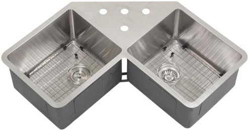 Ticor 36" TR-1400 Undermount Double Bowl Stainless Steel 16-Gauge Butterfly Handmade Corner Cabinet Kitchen Sink w/ Tight Radius Corners and Grids