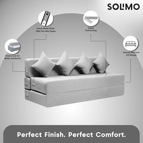 Image of Amazon Brand - Solimo 4 Seater 6 * 6 Jute Fabric Washable Cover Sofa Cum Bed with 4 Cushions 4 Seater Double Foam Fold Out Sofa Cum Bed (Finish Color - Light Grey Delivery Condition - Pre-Assembled)