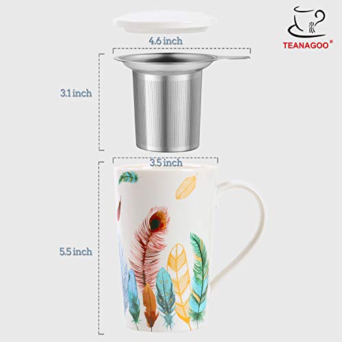 TEANAGOO Porcelain Tea Cup with Filter and Lid, 18 OZ, Feather, M58-8 Dom Dad Women Travel Teaware with Infuser, Steeper Maker, tea mug with infuser and lid and handle diffuser, brewing, brewer - Thumbnail 2