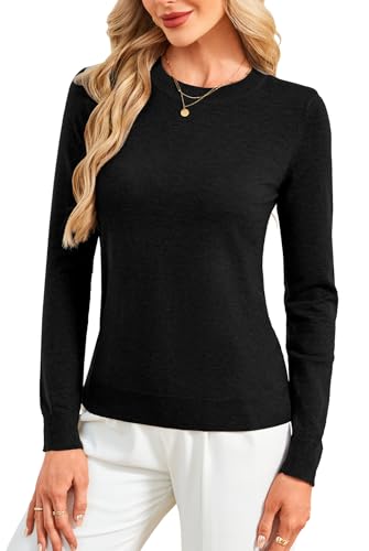Womens Lightweight Sweaters for Fall Ribbed Crewneck Loose Black Tops