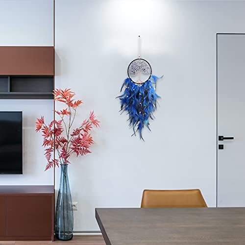MEIRIYFA Tree of Life Dream Catcher Handmade Feather Dream Catchers Mobile Wall Hanging Decor for Kids Bedroom Dorm Room Decorations Home Ornament Birthday Festival Craft Gift for Girls (Blue)