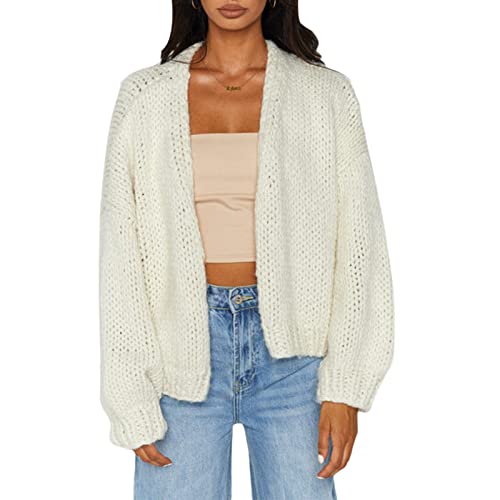 Kmbangi Women Button Down Sweater V Neck Cable Knit Crop Cardigan Cute Oversized Jumper Pullover Top Aesthetic Clothes Knitwear(J Solid White,S) #TOP2