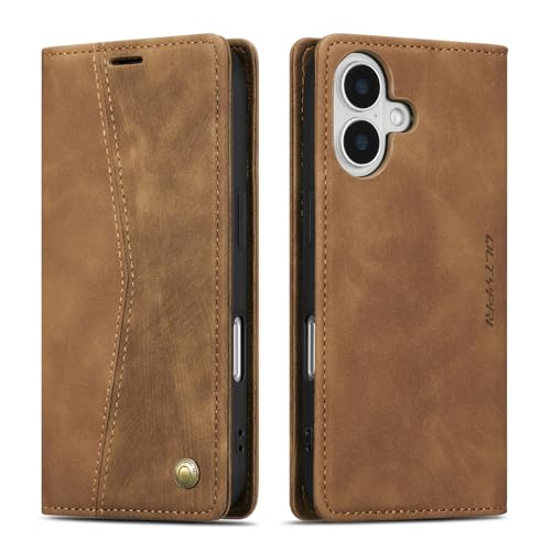 QLTYPRI for iPhone 16 Case Wallet with Card Holder, Vintage PU Leather Kickstand Magnetic Closure Shockproof Folio Book Cover Case for iPhone 16 - Retro Brown