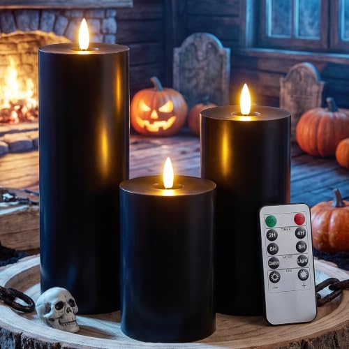 Image of Retisee 3 Pcs Halloween 6 /8 /12 Inches Black Flameless LED Candles with Remote and 2 /4 /8h Timer Battery Operated Electric Wax Flickering Pillar Candles for Halloween Parties, Haunted House Displays