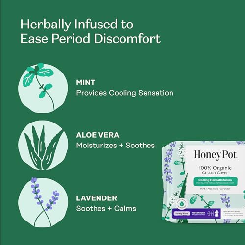 Image of The Honey Pot Company - Herbal Sanitary Pads for Women - Heavy Flow Overnight w /Wings - Infused w /Essential Oils for Cooling Effect & Organic Cotton Cover - Feminine Care - 16 ct