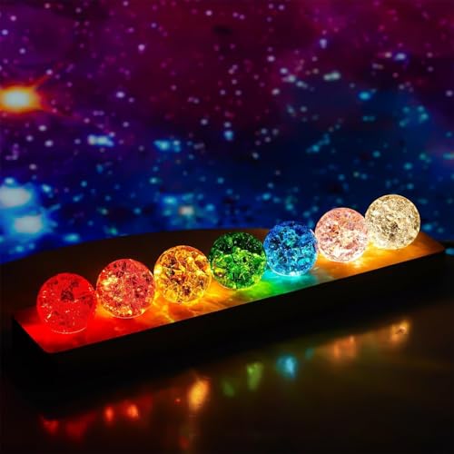 Set de Bolas de Cristal Chakra, Esferas de Vidrio Agrietado de 4 cm con Base de Madera LED, Luz Nocturna USB para Meditación, Decoración del Hogar, Sala de Yoga, Regalos para Mujeres y Mamás