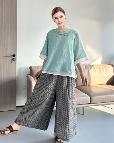 Minibee Women's Cotton Linen Shirts Summer 3/4 Length Sleeve Tops Chinese Frog Casual Blouse2