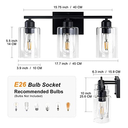 Gzdezcl Bathroom Vanity Light Fixtures, 3-Light Bathroom Wall Light Matte Black Bathroom Wall Lamp Modern Wall Sconce Lighting With Clear Glass Shade For Mirror Bedroom Powder Room Hallway(17.7 Inch) #TOP2